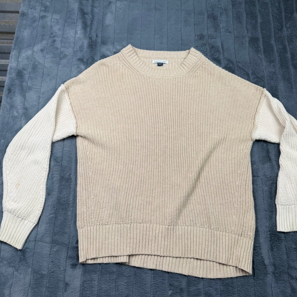 American Eagle Tan Cream Colorblock Shaker Stitch Cotton Sweater Womens XS